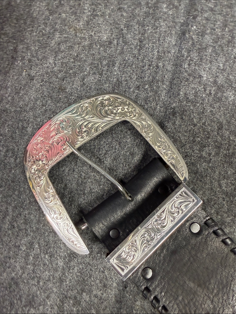 “VINTAGE”. Big AL Vintage Western Black Leather Belt with Silver Engraved Buckle - Picture 9 of 16